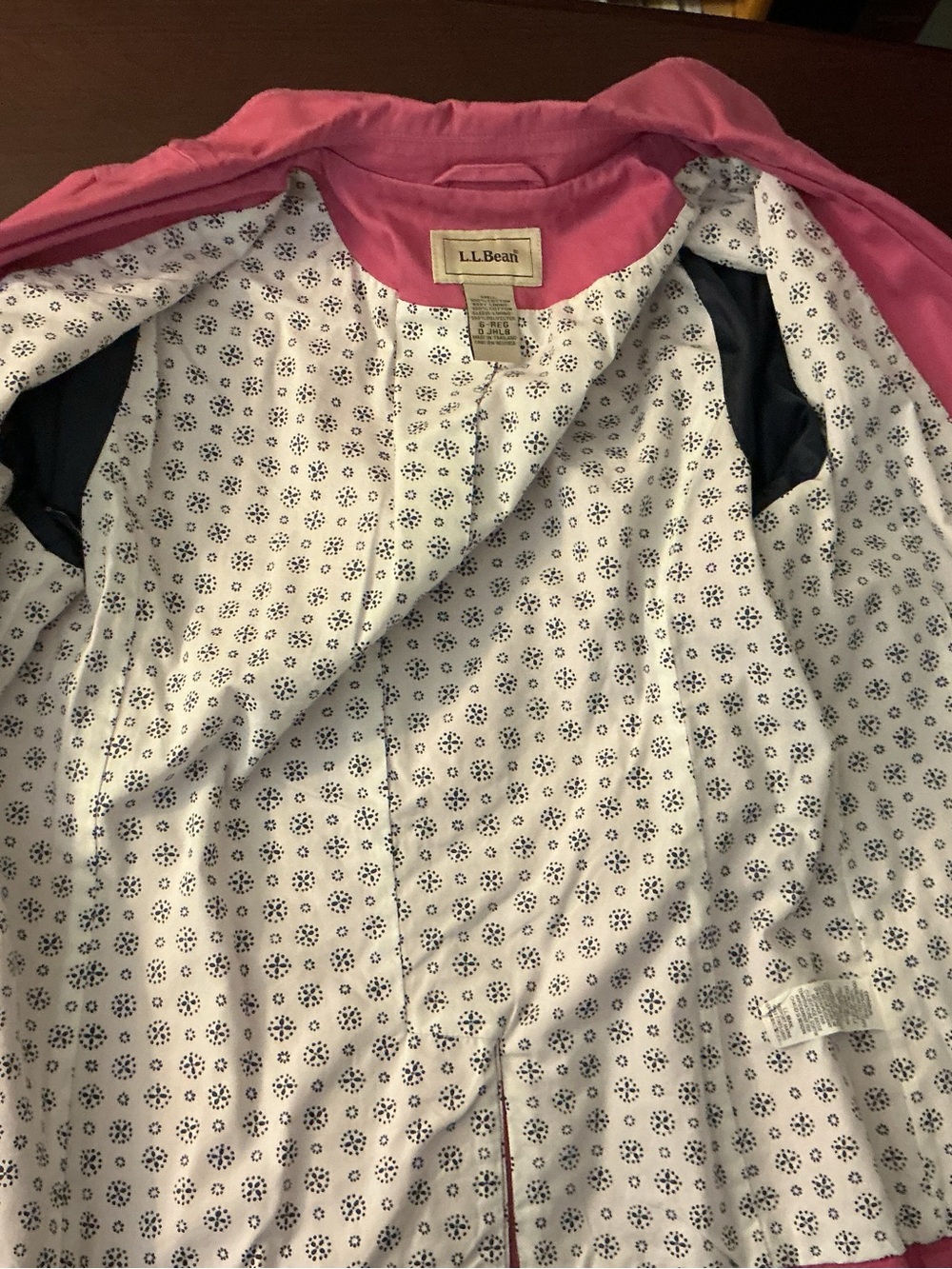 L.L. Bean Pink Trench Coat with Navy-Patterned White Lining